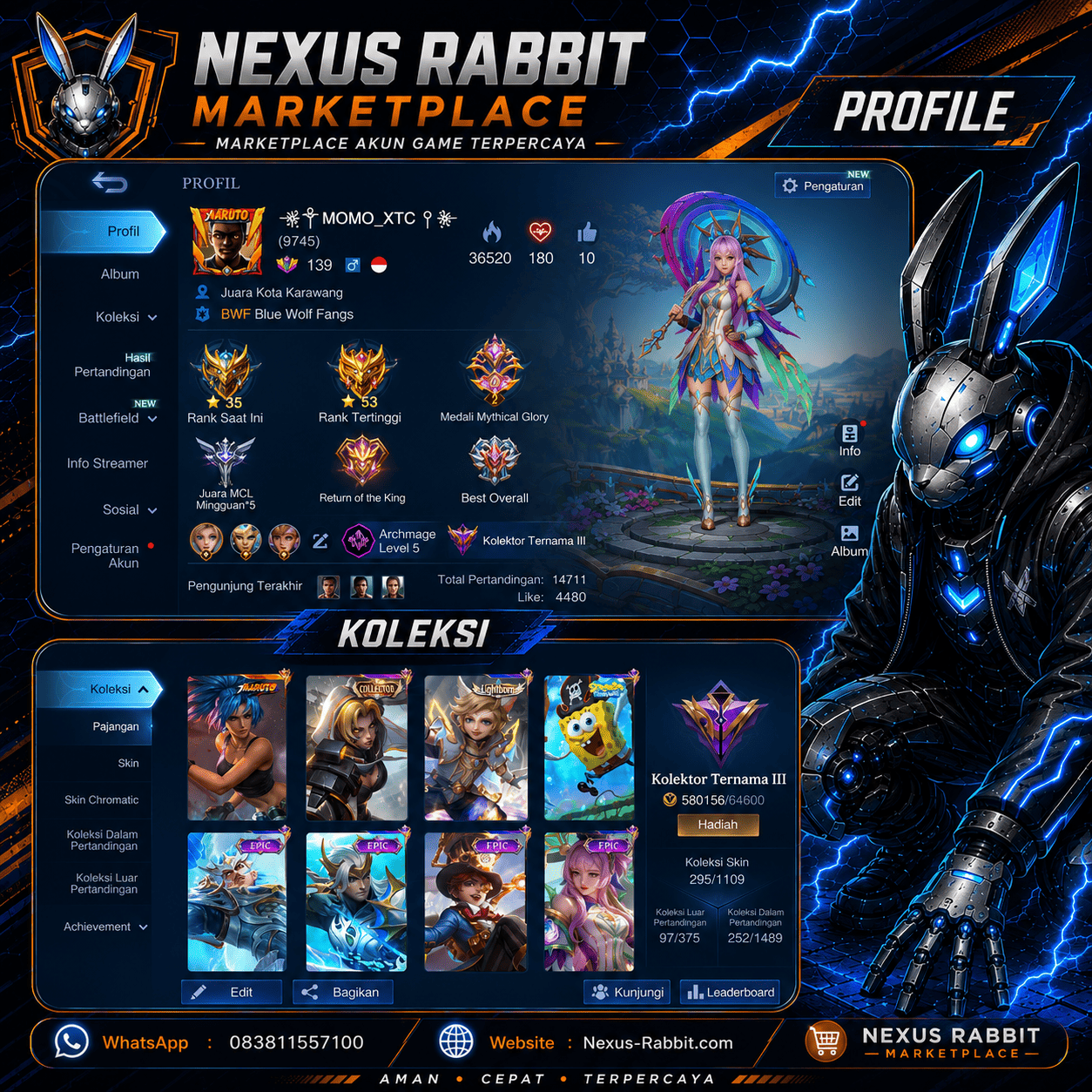 AKUN MOBILE LEGENDS – 295 SKIN | MYTHICAL GLORY | KOLEKTOR TERNAMA III