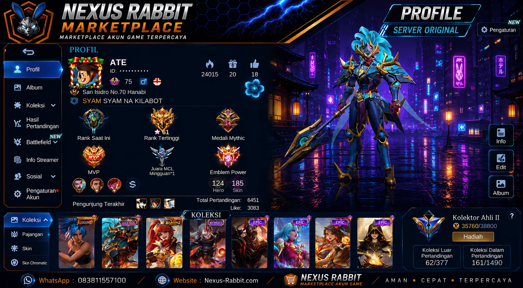 Akun Mobile Legends Rare | 185 Skin | Mythic Medal 14x | Banyak Skin Epic