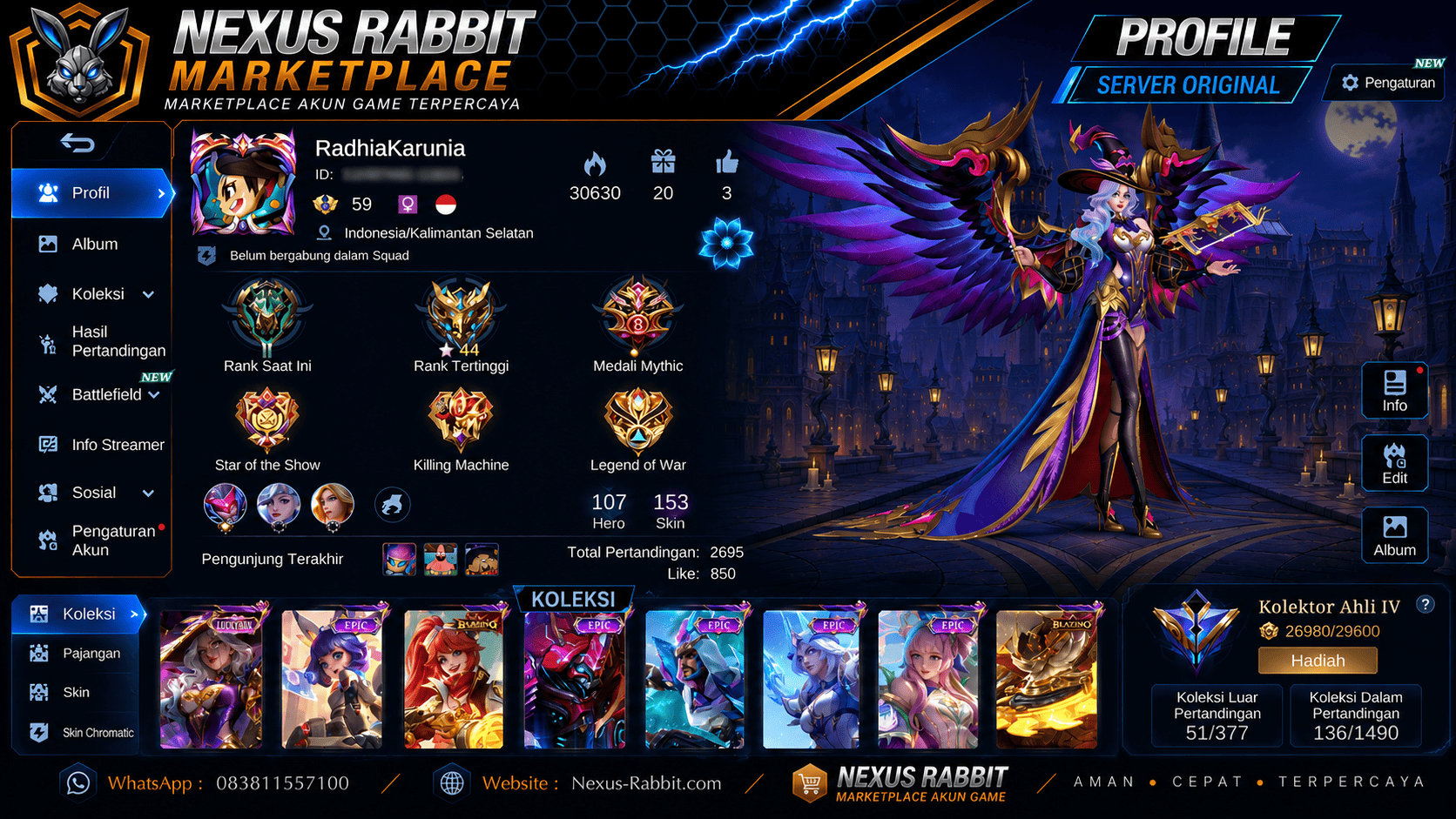 AKUN MLBB SEMI SULTAN | 153 SKIN | 107 HERO