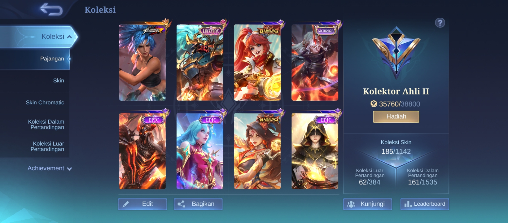 Akun Mobile Legends Rare | 185 Skin | Mythic Medal 14x | Banyak Skin Epic
