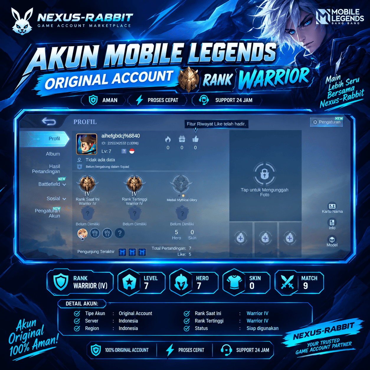 Akun Mobile Legends Original Rank Warrior