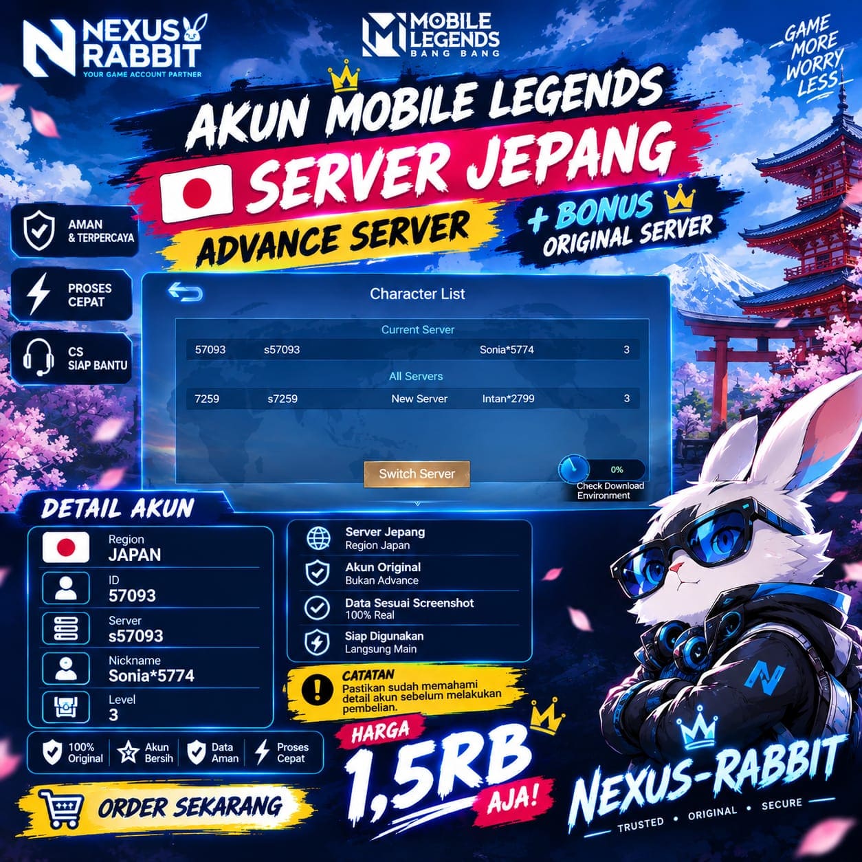 Akun Mobile Legends Server Jepang 🇯🇵 | Advance Server + Bonus Original Server | Level 3
